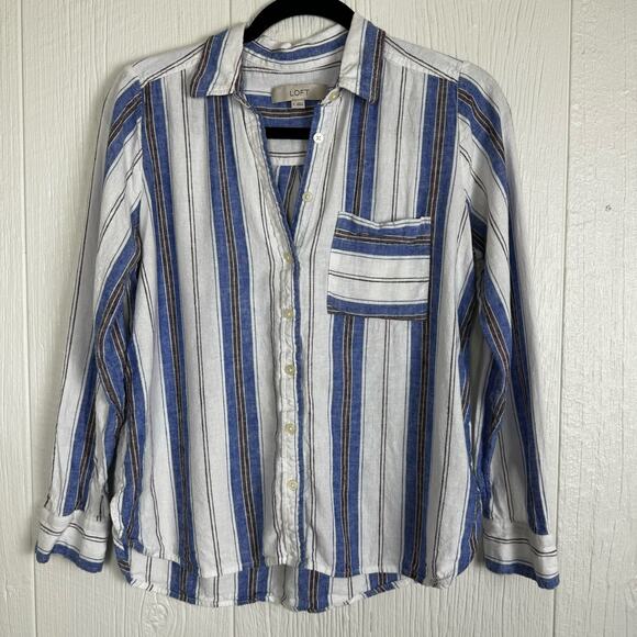 LOFT Striped Linen Blend Everyday Pocket Shirt Button Front Size Small - Picture 7 of 8